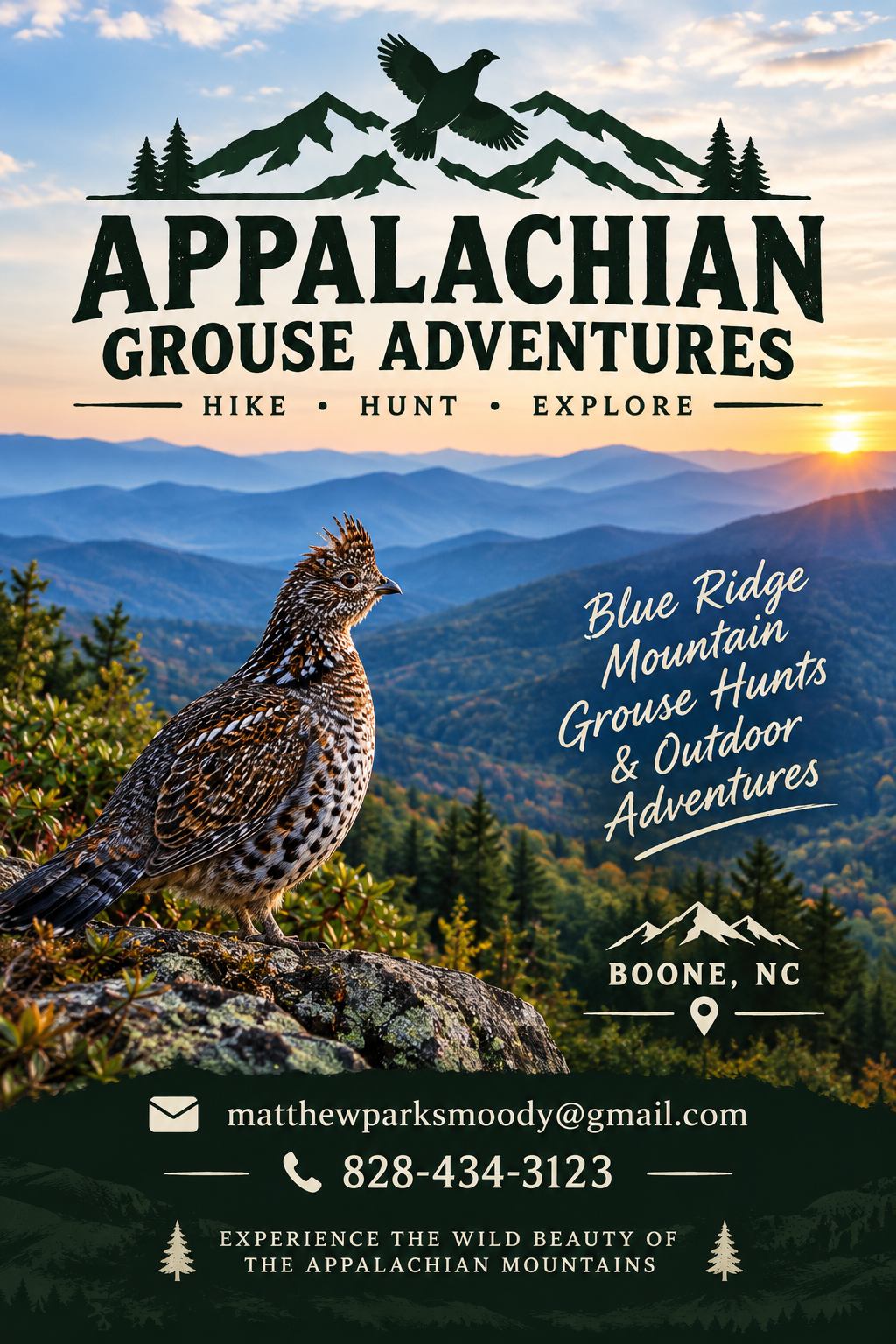 Appalachian Grouse Adventures flyer showing a ruffed grouse in the Blue Ridge Mountains